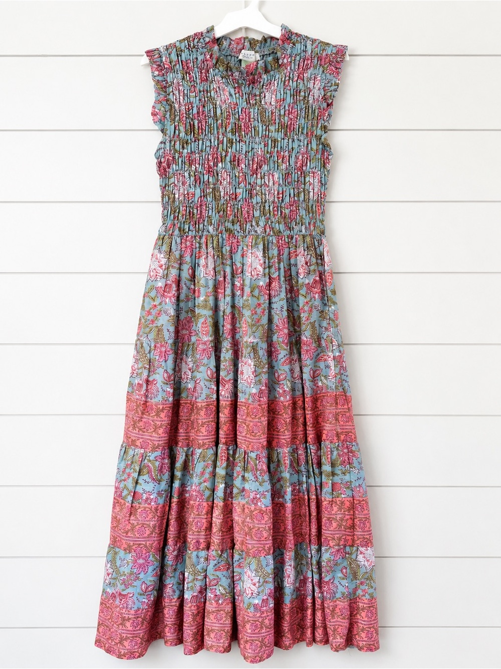 Alypsa Floral Smocked Tiered Maxi Dress 100% Cotton Lined Boho Size M